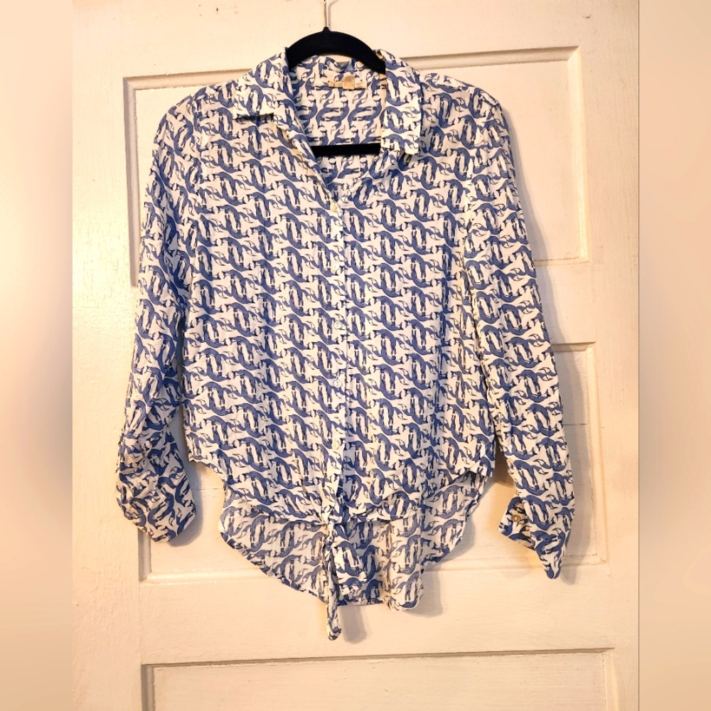Jane & Delancey Blouse, Tie Front Blue & White Fox Print, Sz Sm Lightweight EUC